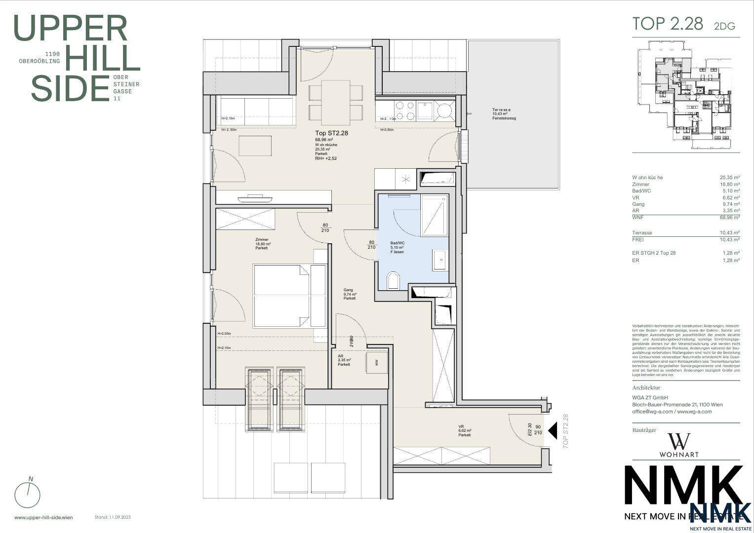 Detaillierter Grundriss einer Wohnung mit drei Zimmern, offener Küche und großer Terrasse.