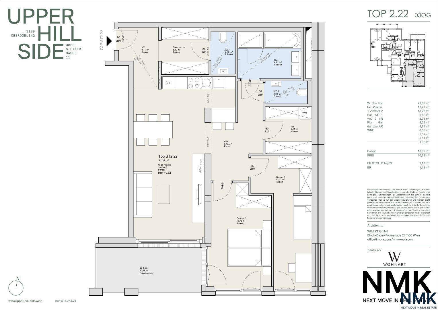 Detaillierter Grundriss einer Wohnung mit drei Zimmern, Balkon und klar definierten Wohnbereichen.