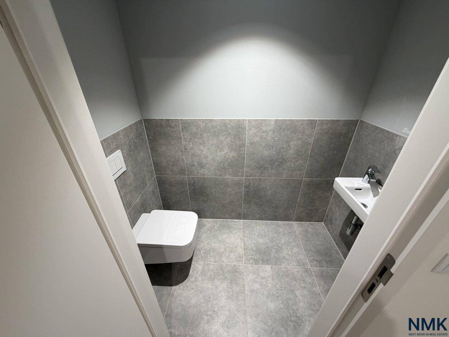Modernes Gäste-WC mit grauen Fliesen, wandhängender Toilette und kleinem Waschbecken.