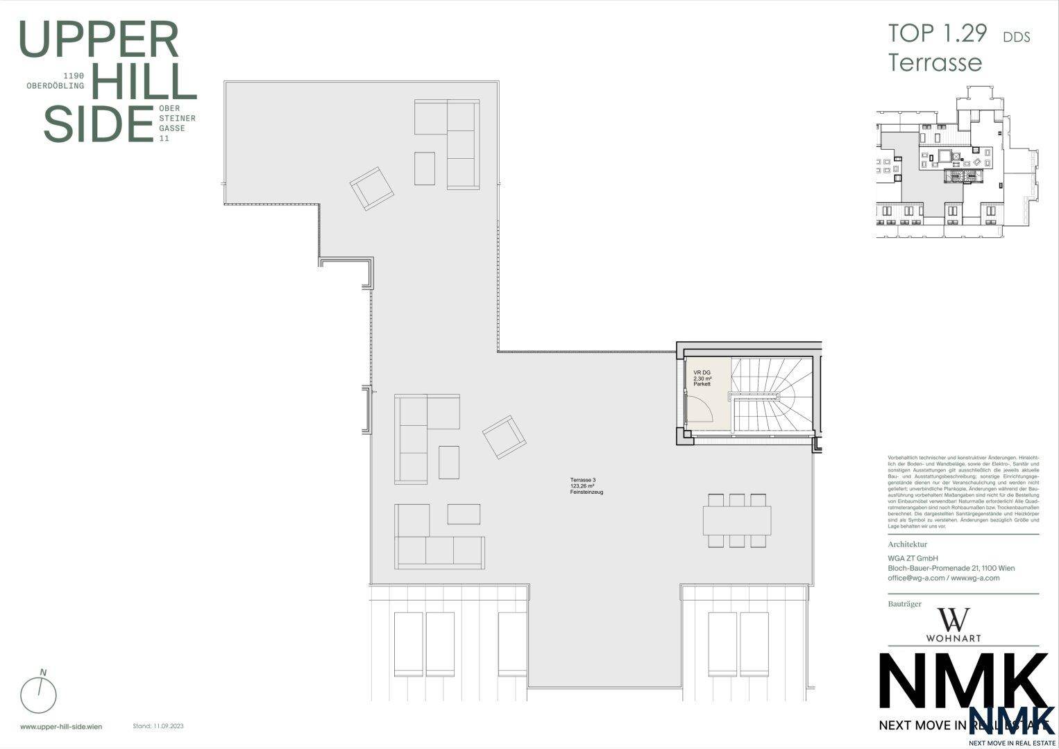 Grundriss der weitläufigen Dachterrasse mit verschiedenen Zonen für Entspannung und Essen.