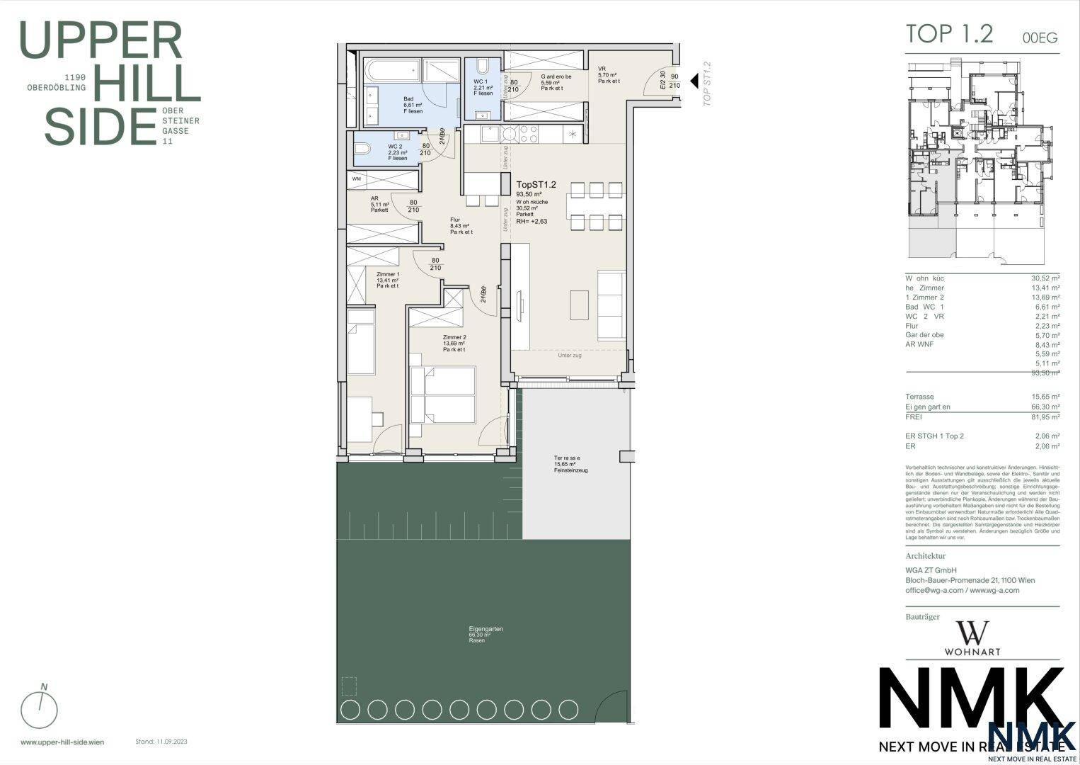 Grundriss der Wohnung Top 1.2 im Erdgeschoss mit Terrasse und Gartenanteil.