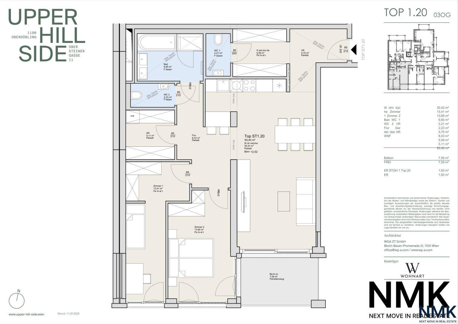 Detaillierter Grundriss der Wohnung mit drei Schlafzimmern und offenem Wohnbereich.