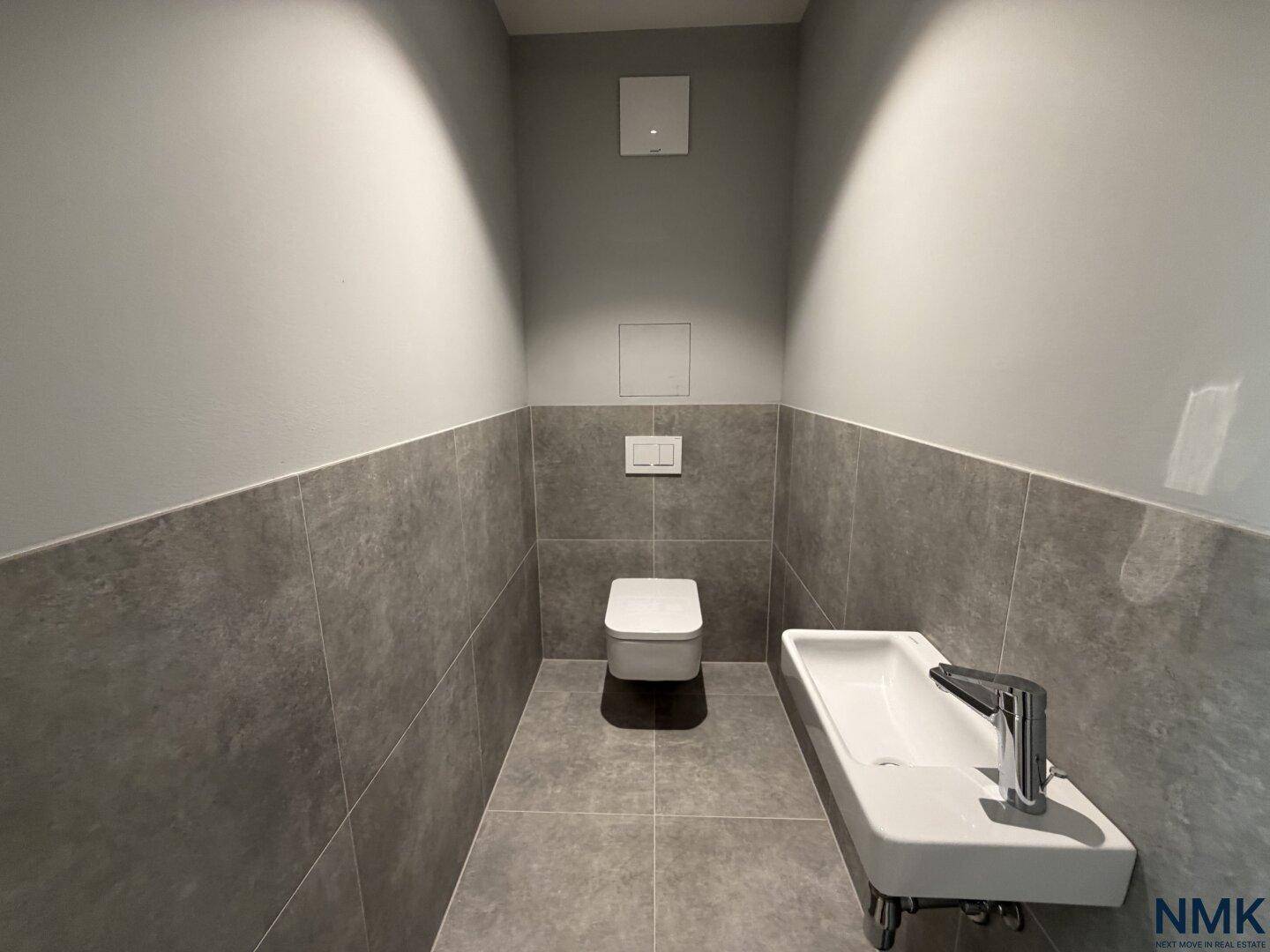 Modernes Gäste-WC mit Wand-WC, kleinem Waschbecken und grauen Fliesen.