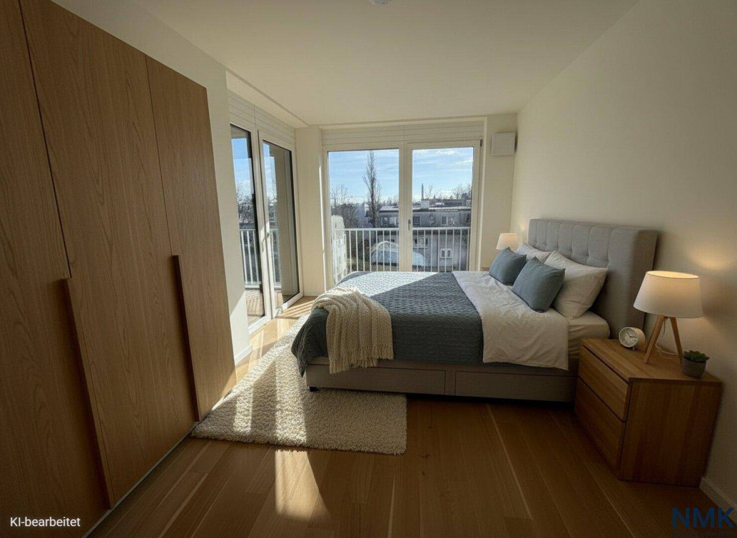 Modernes Schlafzimmer mit Holzboden, großem Bett und Balkonzugang.