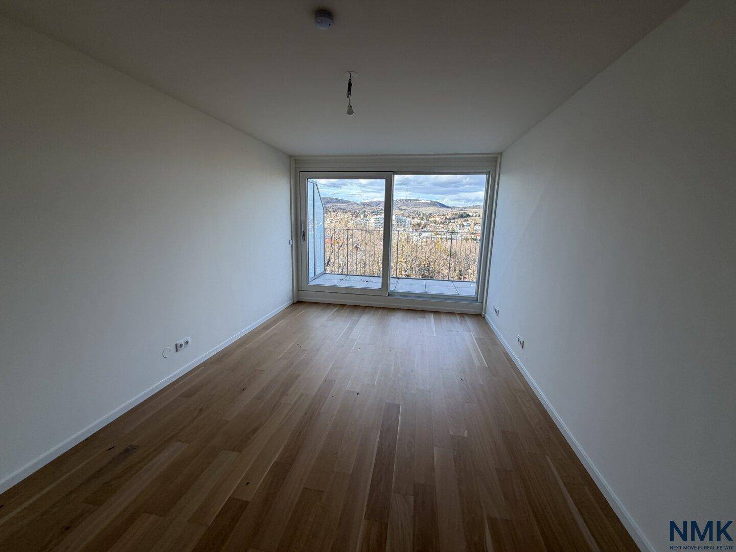 Heller, leerer Raum mit Holzboden und Zugang zu einem Balkon mit Fernblick.