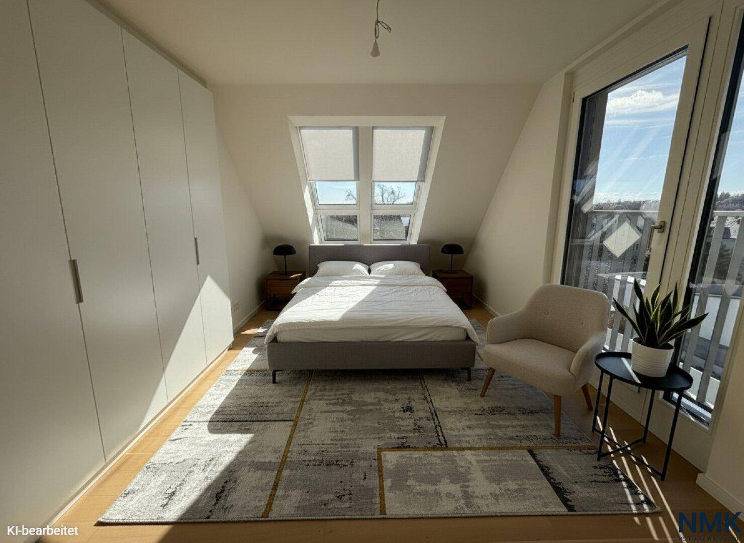 Gemütliches Schlafzimmer mit Doppelbett, Einbauschränken, Holzboden und viel Tageslicht durch Dachfenster.