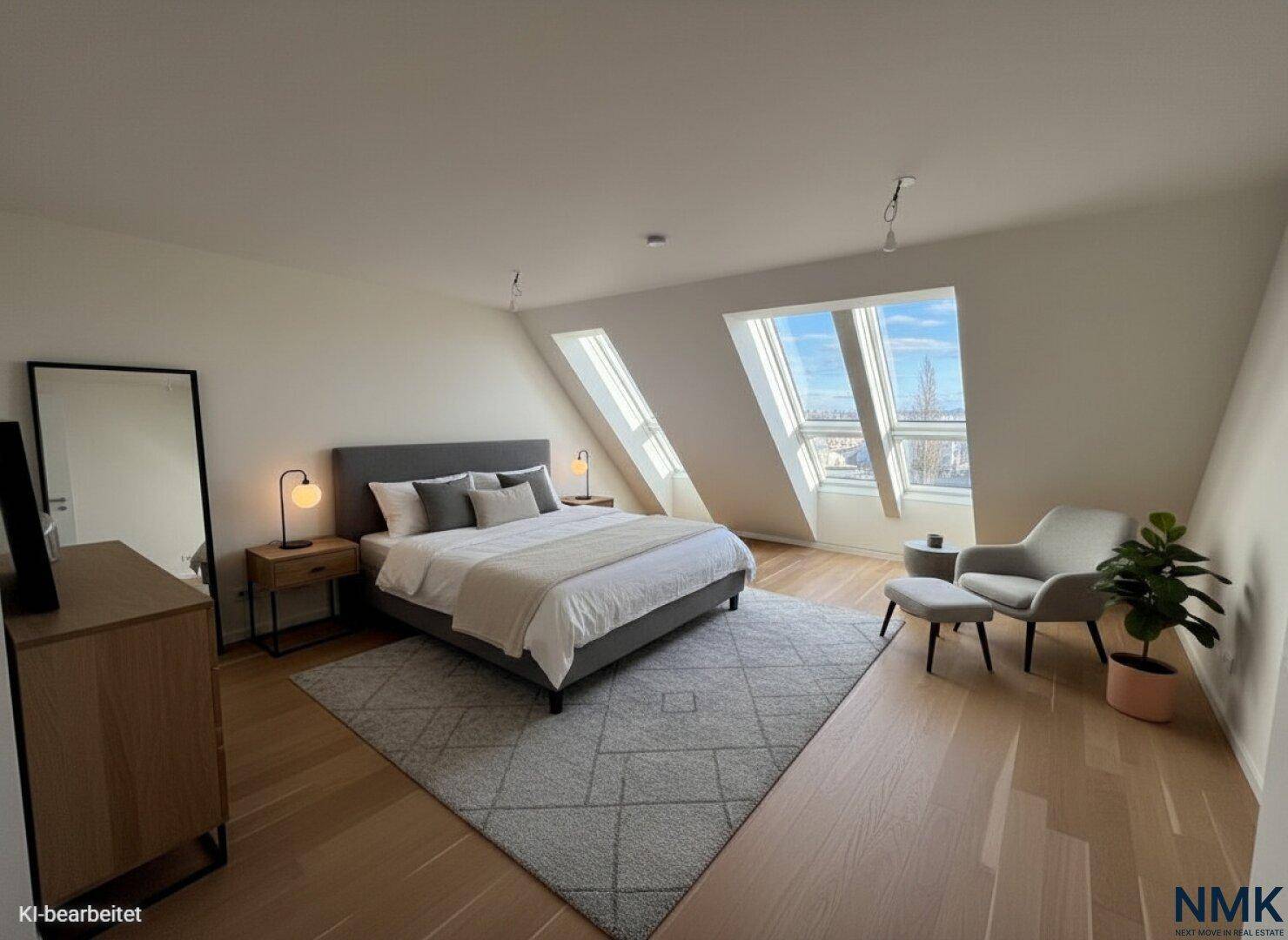 Modern eingerichtetes Schlafzimmer mit Doppelbett, Holzboden und Dachfenstern mit Stadtblick.