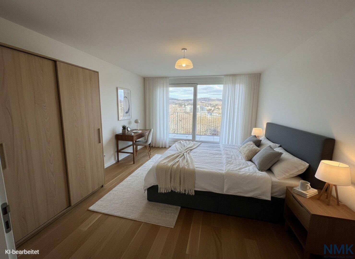 Gemütliches Schlafzimmer mit Doppelbett, Schreibtisch und Zugang zu einem Balkon.