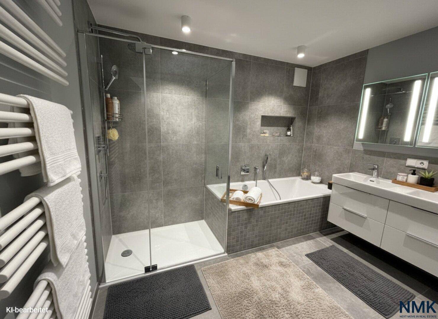 Modernes Badezimmer mit grauen Fliesen, Badewanne, Duschkabine und Doppelwaschbecken, dekoriert.