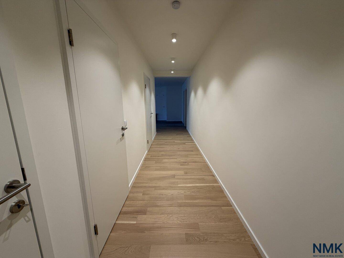 Heller Flur mit Holzboden und modernen Einbaustrahlern an der Decke.