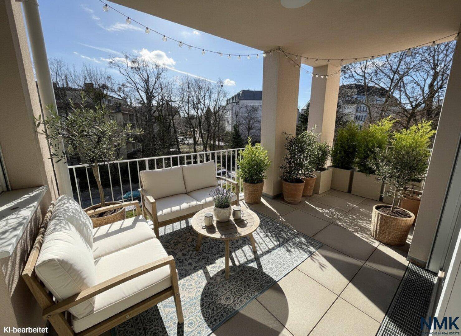 Einladender Balkon mit bequemen Gartenmöbeln, Pflanzen und stimmungsvoller Beleuchtung.