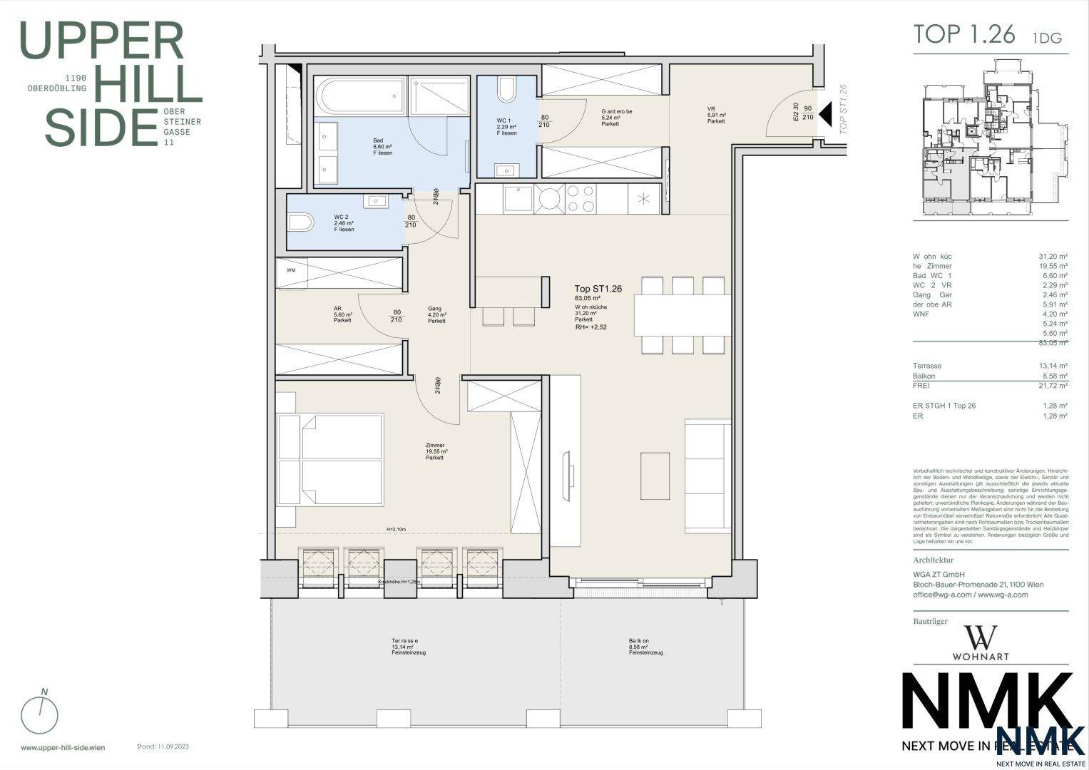 Grundriss einer Wohnung mit drei Zimmern, zwei Bädern und großer Terrasse.