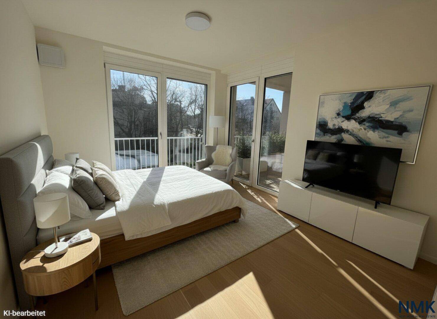 Gemütliches Schlafzimmer mit Holzboden, großem Bett und Zugang zu einem französischen Balkon.