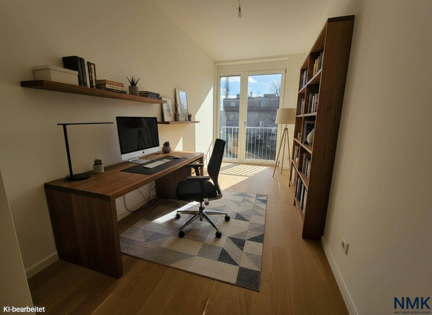 Helles Arbeitszimmer mit Schreibtisch, Bücherregal und Zugang zu einem französischen Balkon.