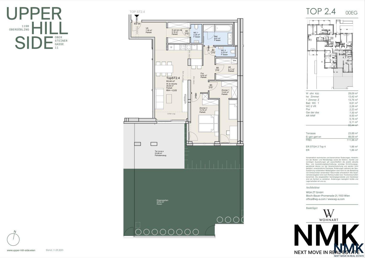 Detaillierter Grundriss einer Wohnung mit Terrasse und Gartenanteil, inklusive Raumaufteilung.