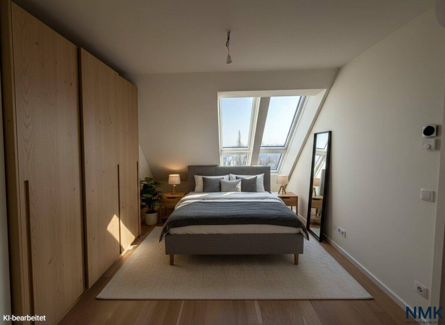 Gemütliches Schlafzimmer im Dachgeschoss mit Holzboden, Dachfenstern und Einbauschränken.