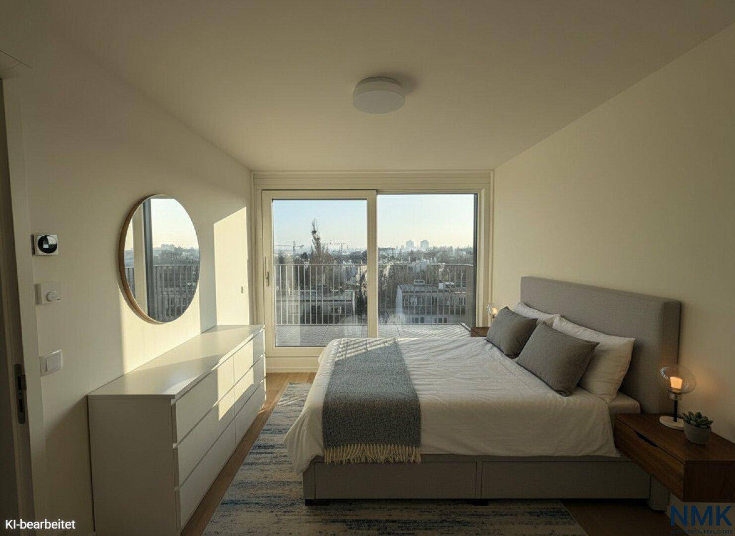 Modern eingerichtetes Schlafzimmer mit Holzboden, Balkonzugang und viel Tageslicht.