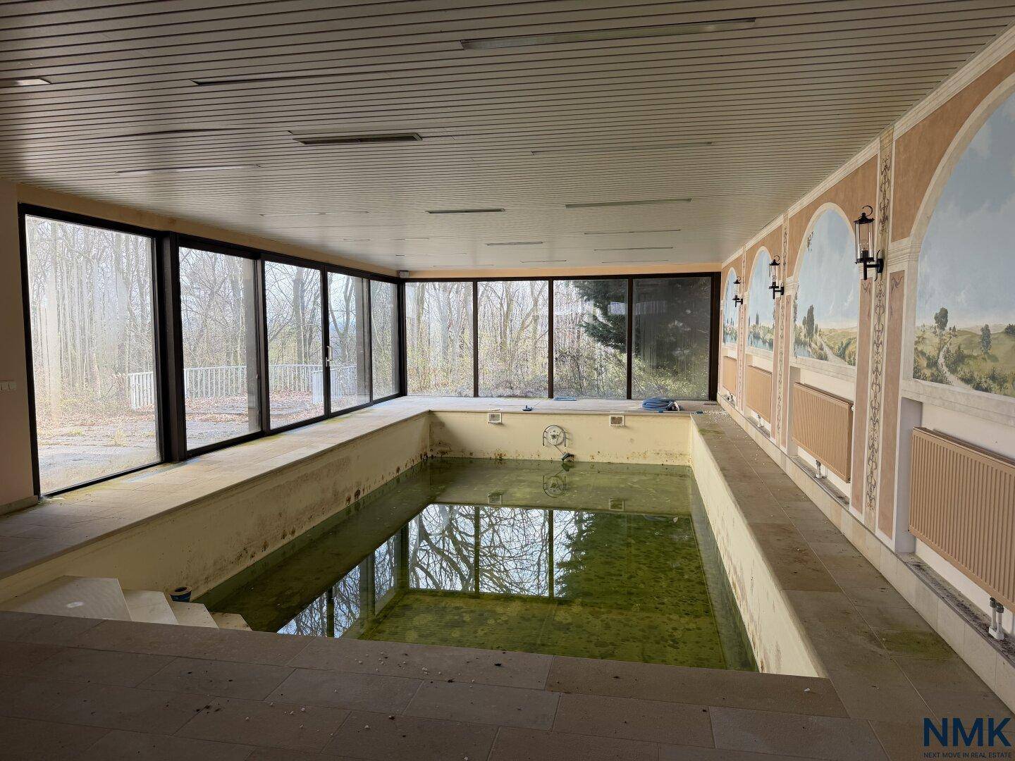 Großer Innenpoolraum mit leeren, schmutzigen Becken und weitem Blick in die Natur.