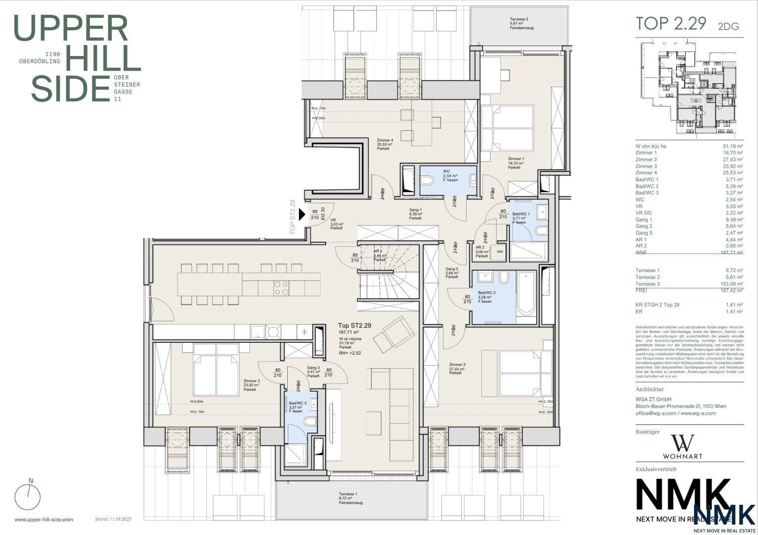 Detaillierter Grundriss einer Wohnung mit mehreren Zimmern und Terrassen.