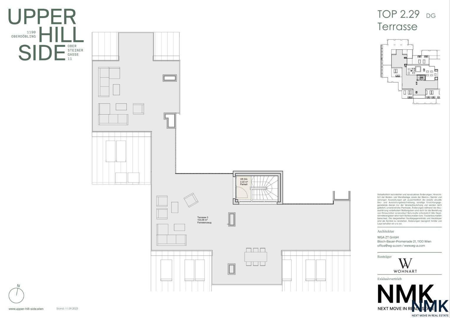 Grundrissplan der großzügigen Terrassenbereiche einer Dachgeschosswohnung.