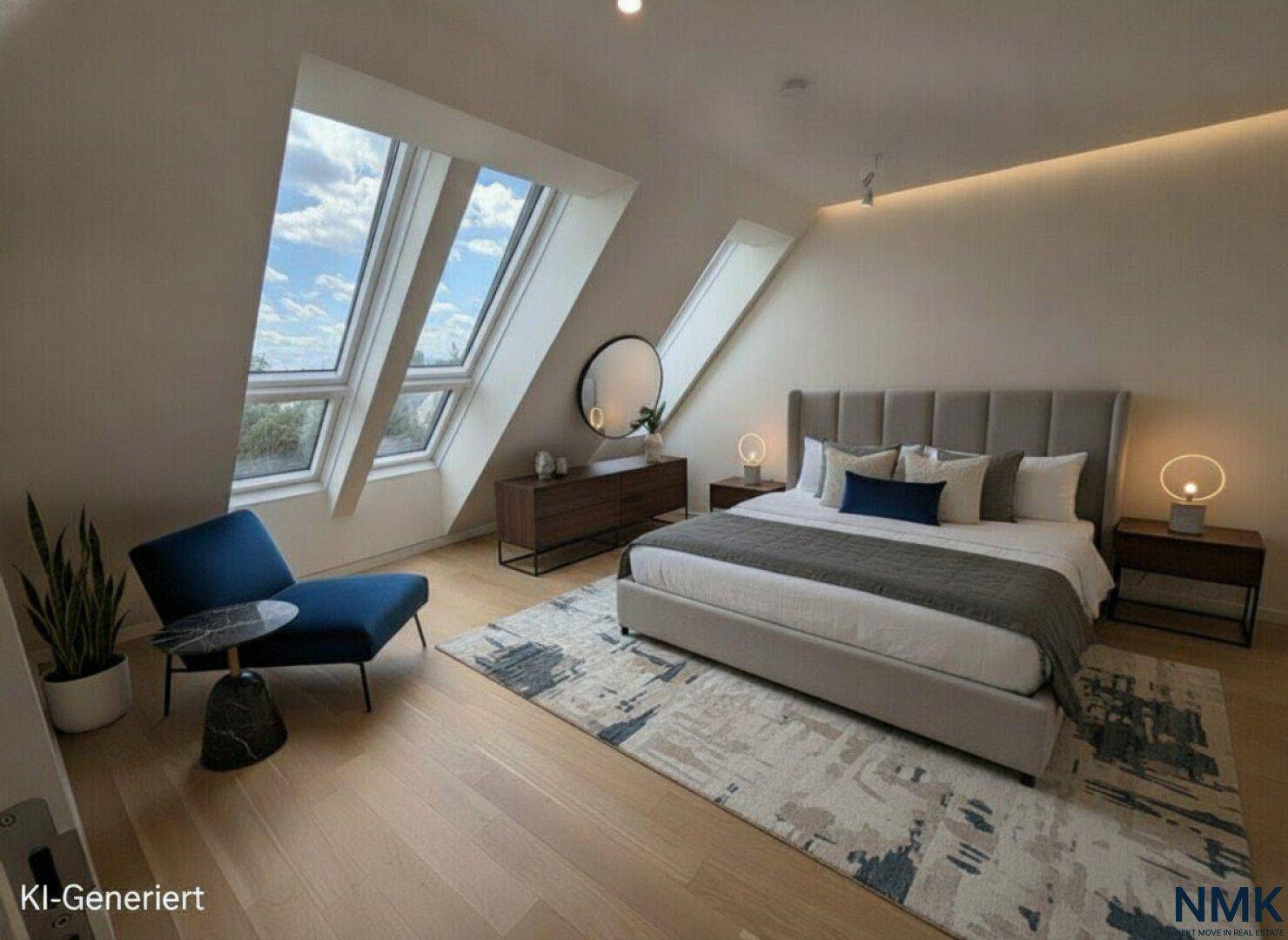 Modernes Schlafzimmer mit Dachschrägen, großen Dachfenstern und stilvoller Einrichtung.