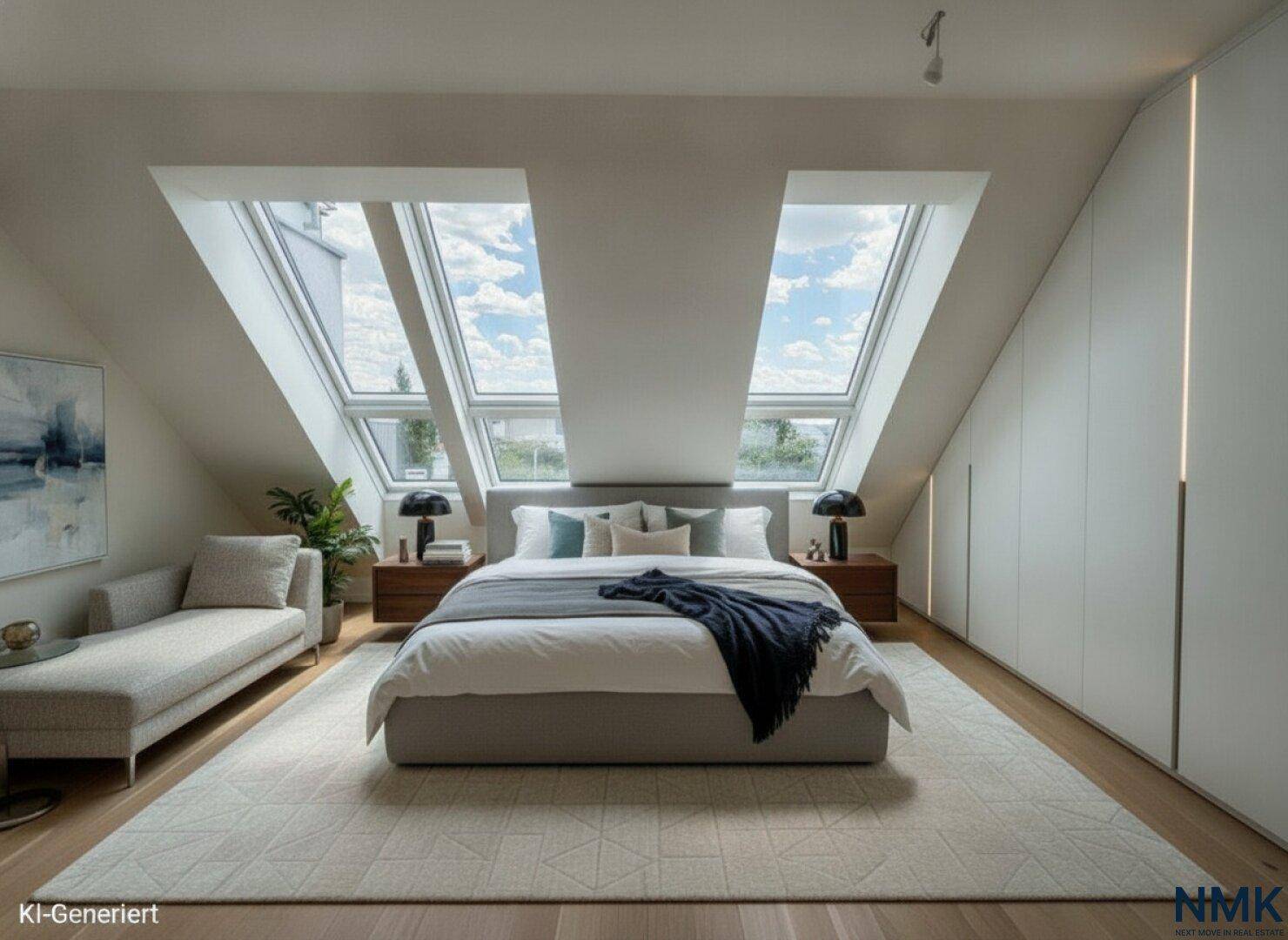 Helles Schlafzimmer mit Dachschrägen, zwei großen Dachfenstern und Einbauschränken.