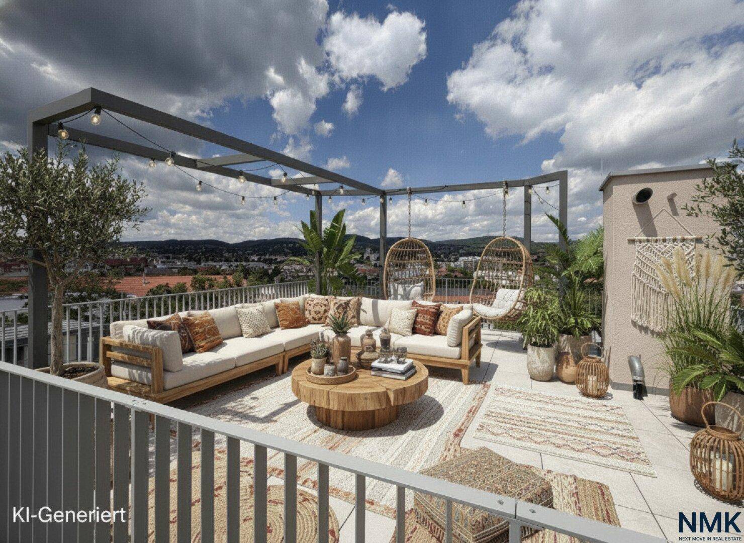 Gemütliche Dachterrasse mit Pergola, Lounge-Möbeln und weitem Blick über die Stadt.