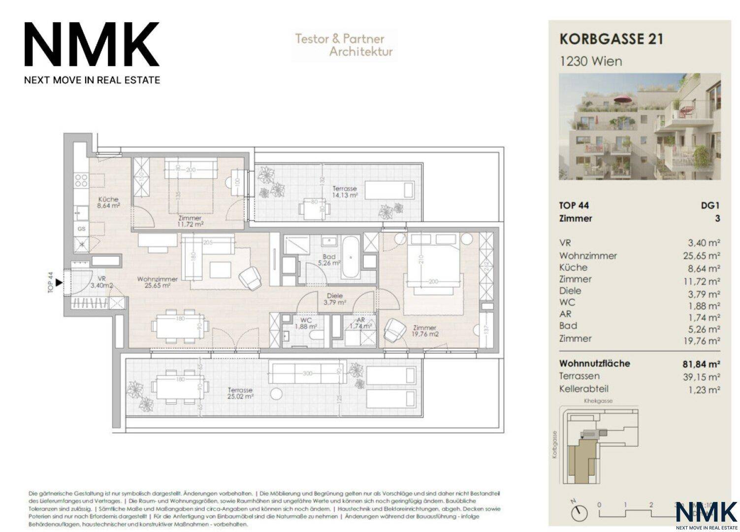 Detaillierter Grundriss einer Wohnung mit drei Zimmern und zwei Terrassenbereichen.