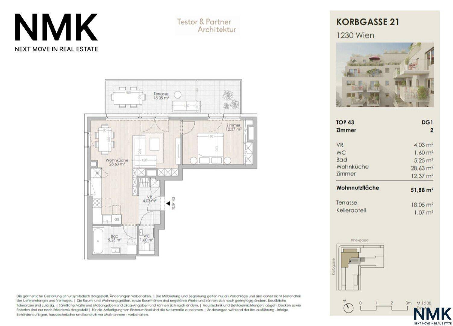 Detaillierter Grundriss einer Wohnung mit offener Wohnküche, Schlafzimmer und großer Terrasse.
