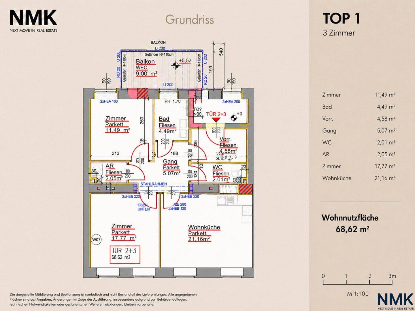 Grundriss der Wohnung TOP 1 mit drei Zimmern, Wohnküche und Balkon.