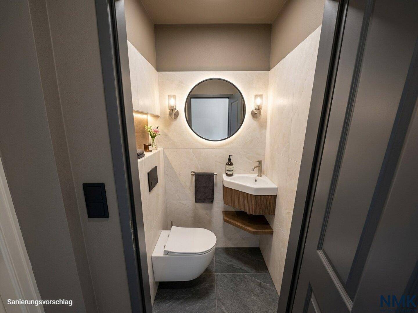 Modernes Gäste-WC mit Hänge-WC, kleinem Waschbecken und beleuchtetem Spiegel, als Sanierungsvorschlag.
