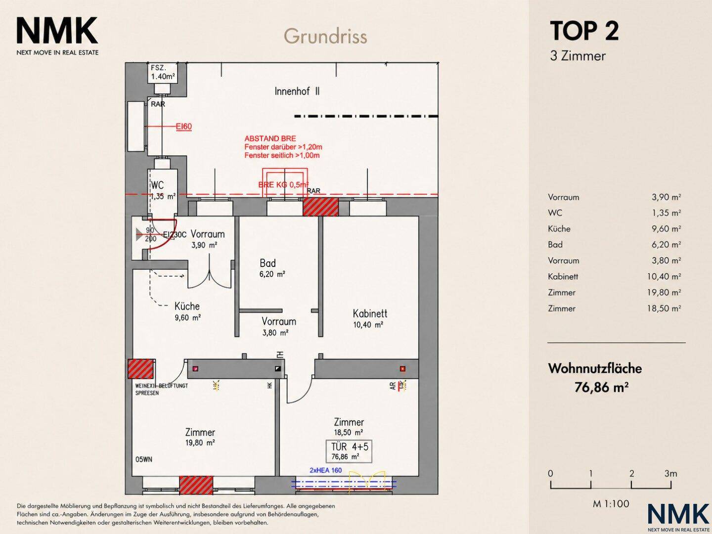 Grundriss für Top 2 mit drei Zimmern, Küche, Bad und separatem WC, Gesamtfläche 76,86 m².