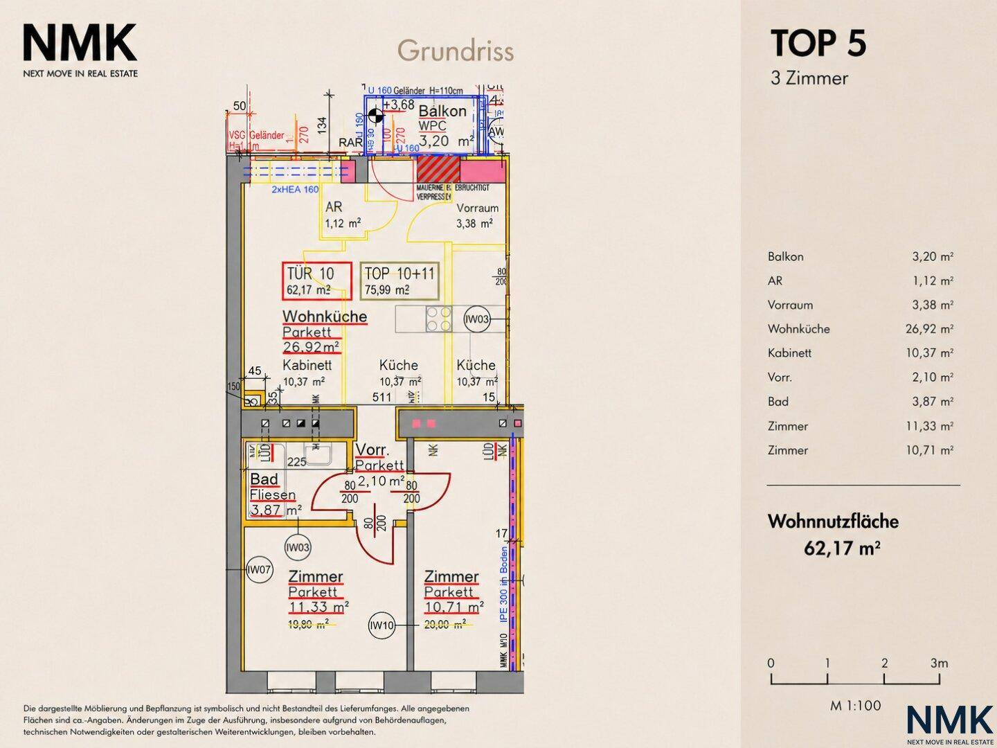 Detaillierter Grundriss der Wohnung TOP 5 mit Raumaufteilung und Flächenangaben.