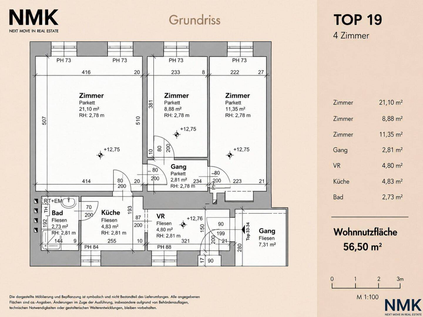 Detaillierter Grundriss der Wohnung TOP 19 mit vier Zimmern und Flächenangaben.