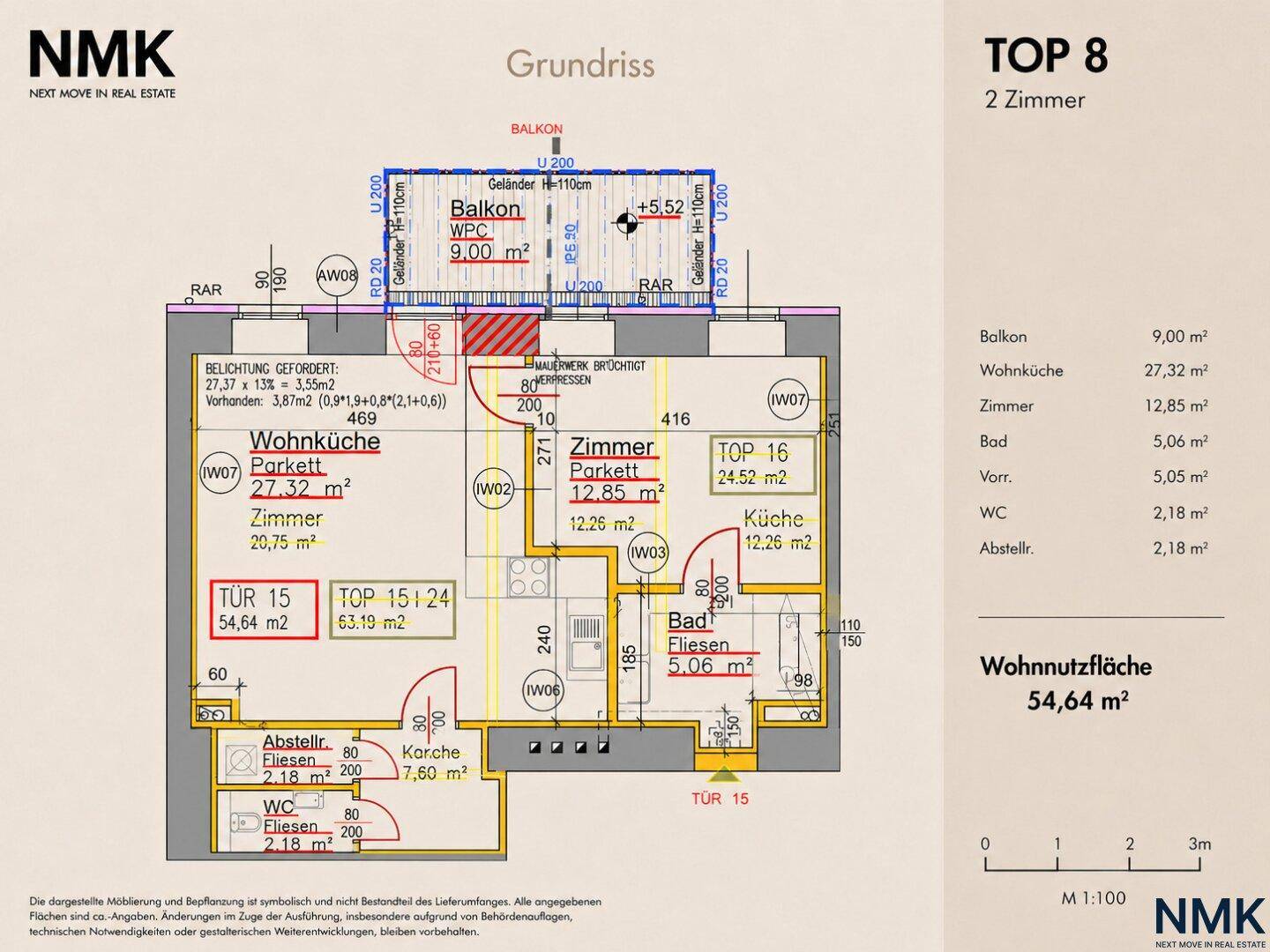 Grundriss der Wohnung TOP 8 mit zwei Zimmern, Balkon und Wohnküche.