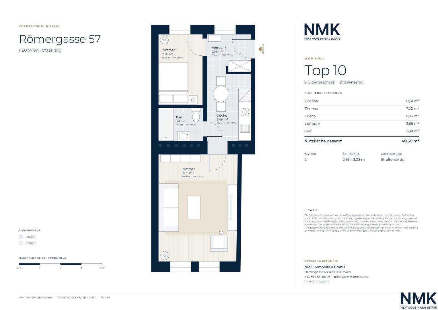Grundriss der Wohnung Top 10 mit zwei Zimmern, Küche und Bad auf 40,30 m².