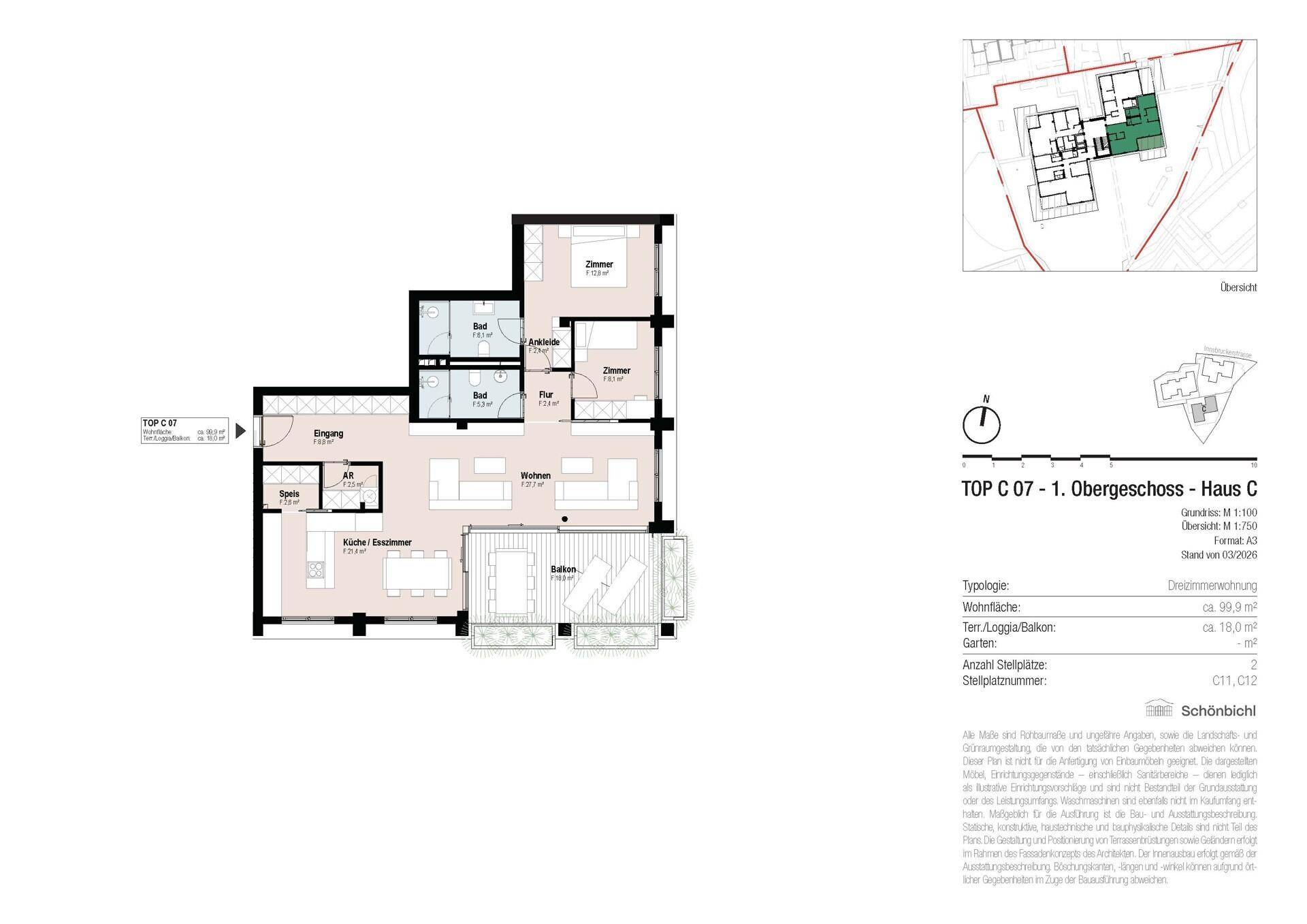 Grundriss der Wohnung C 07 im 1. Obergeschoss mit drei Zimmern und großem Balkon.