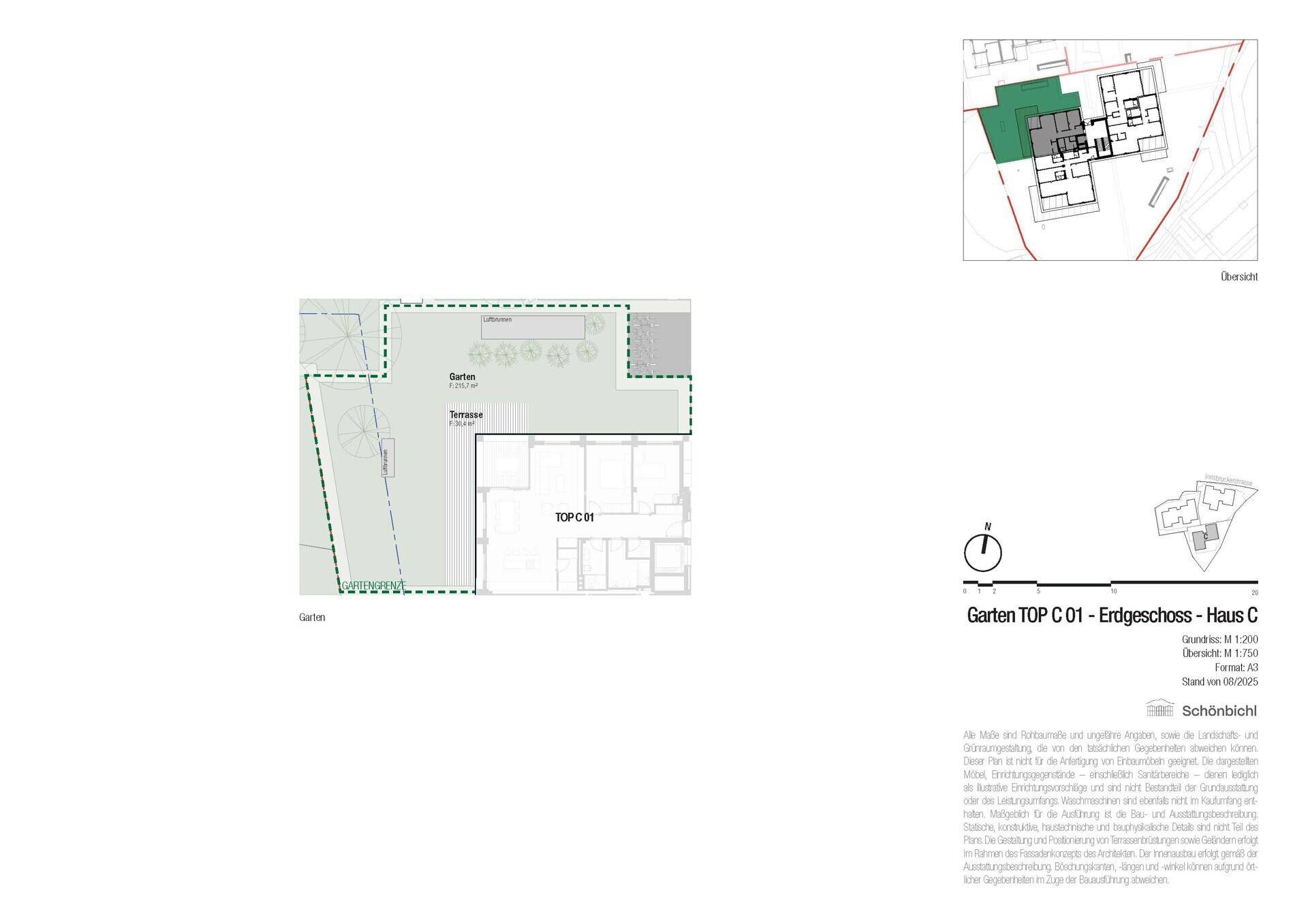 Garten- und Terrassenplan für das Erdgeschoss TOP C.01 mit großzügigen Außenbereichen.