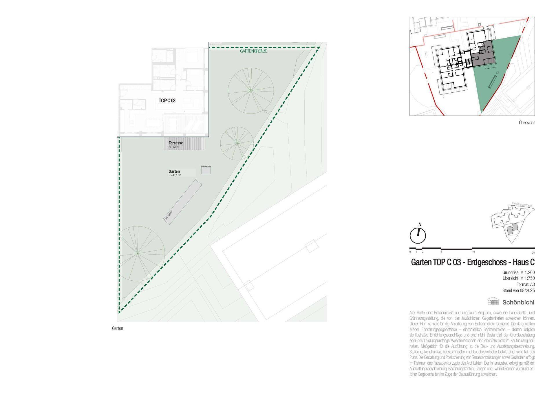 Gartenplan des Erdgeschosses mit großzügiger Grünfläche und Terrasse.