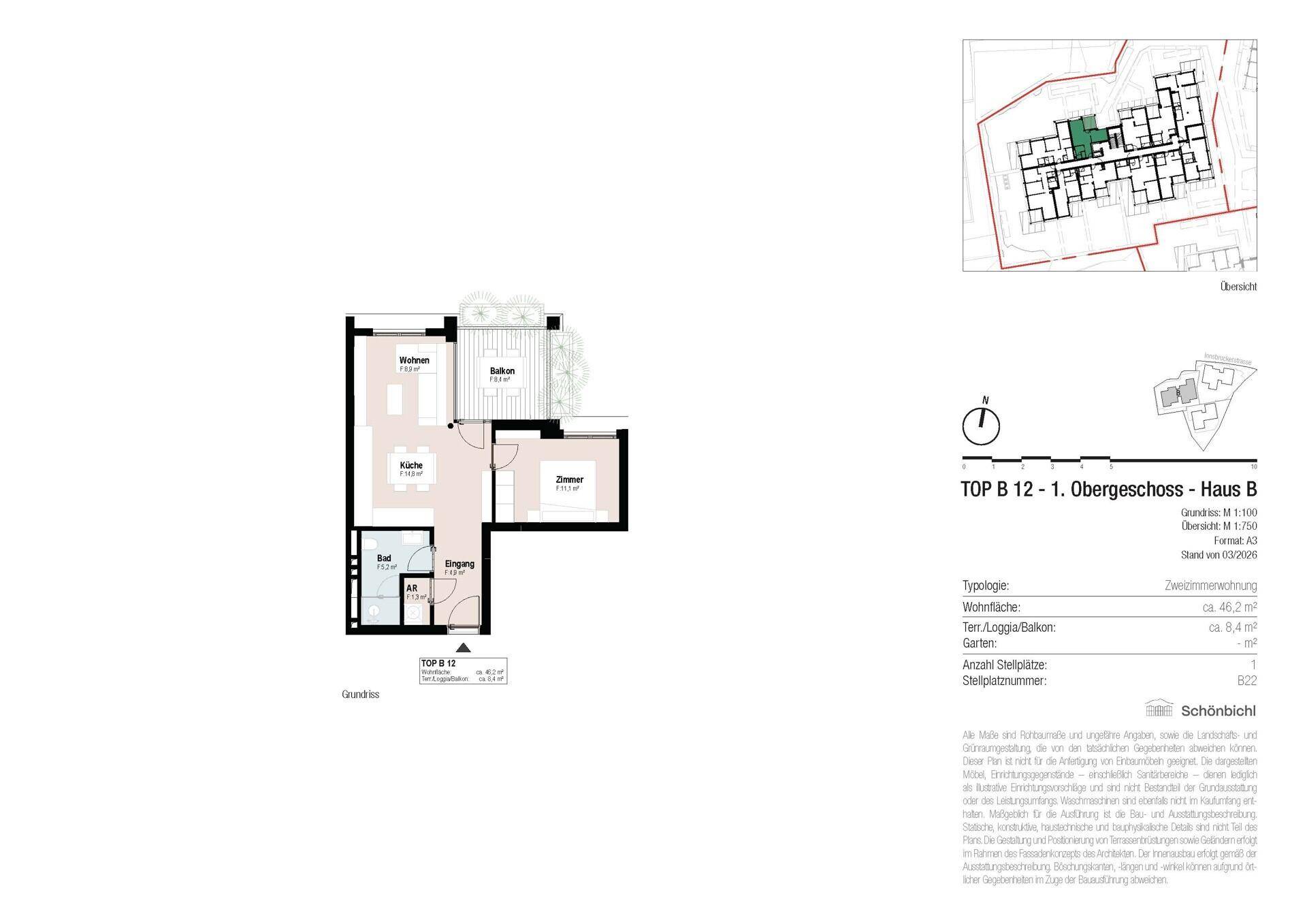 Grundriss für eine Zweizimmerwohnung im ersten Obergeschoss mit Balkon und separater Küche.