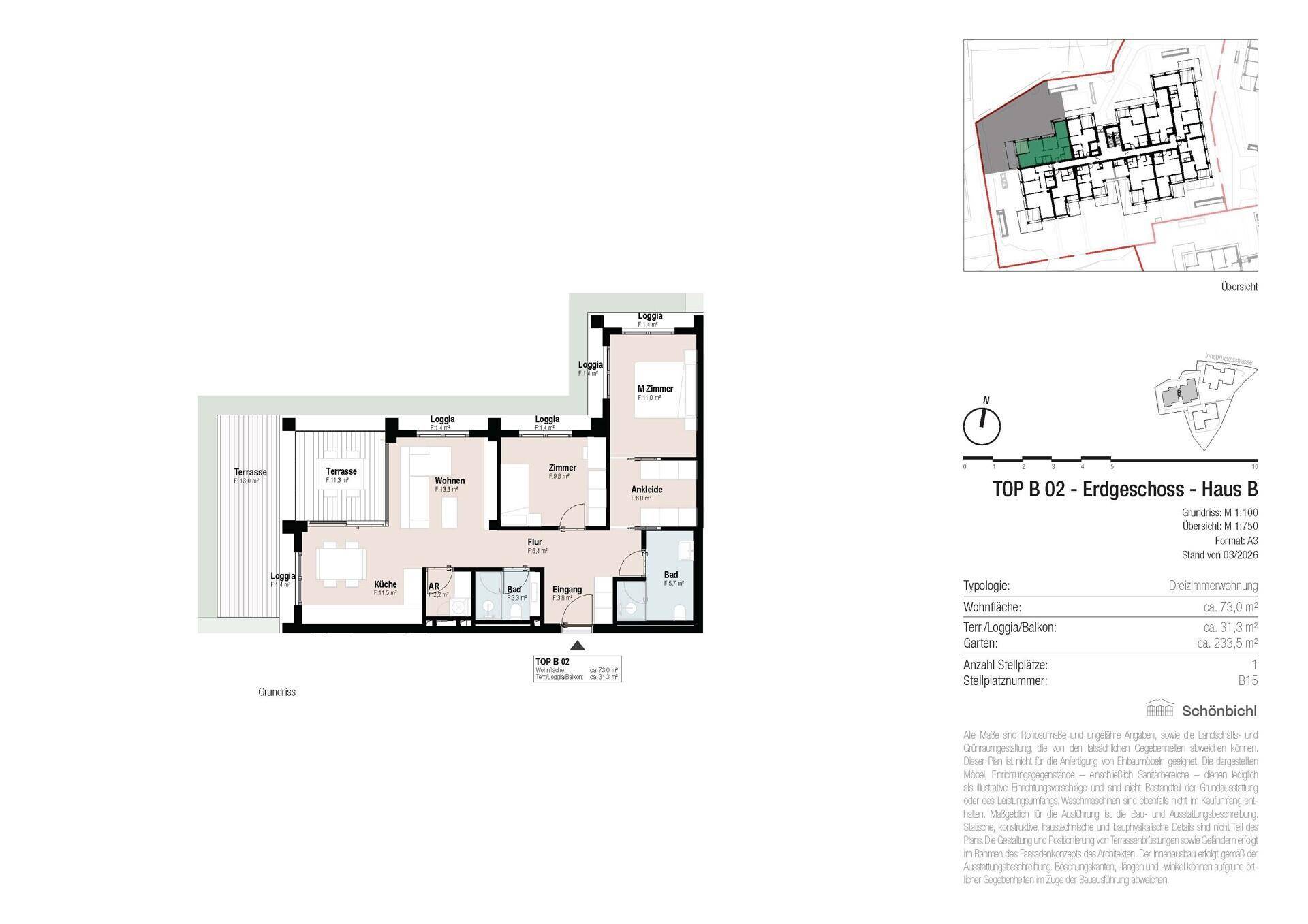 Grundriss der Erdgeschosswohnung TOP B.02 mit Terrasse, Loggia und Gartenanteil.