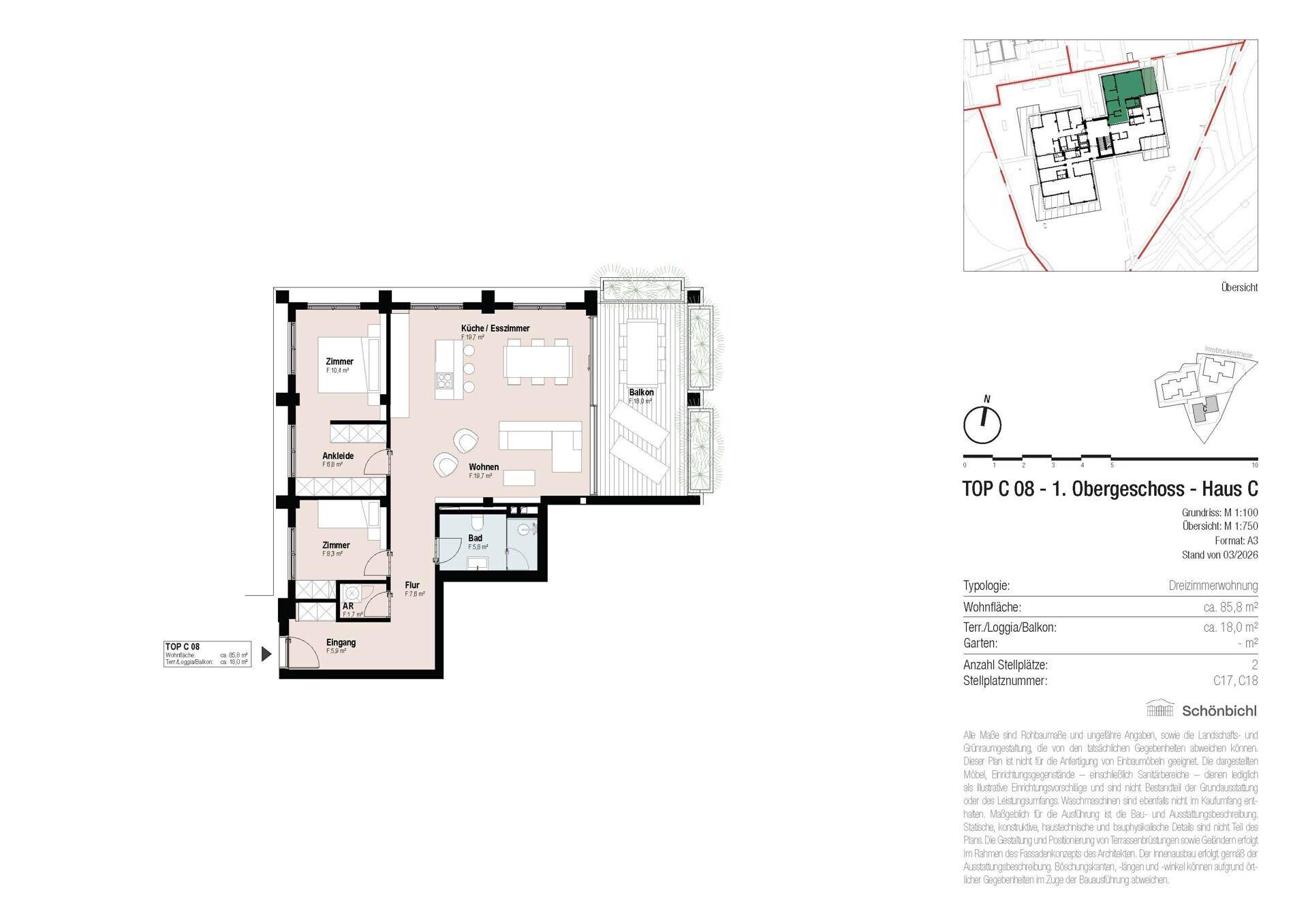 Grundriss der Wohnung TOP C 08 im ersten Obergeschoss mit Balkon und Gartenanteil.