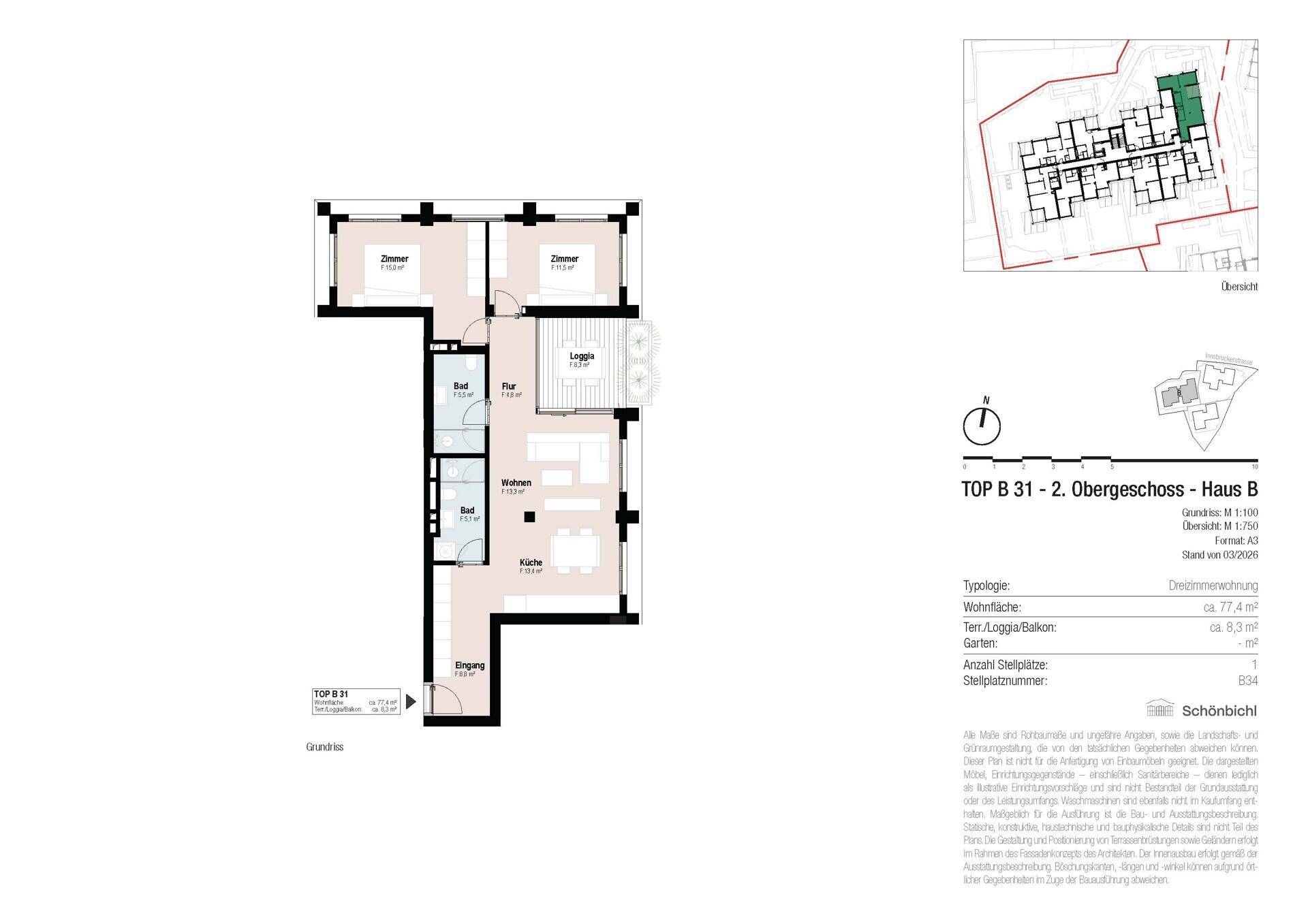 Grundriss einer Wohnung im 2. Obergeschoss mit 77,4 m² Wohnfläche und Loggia.