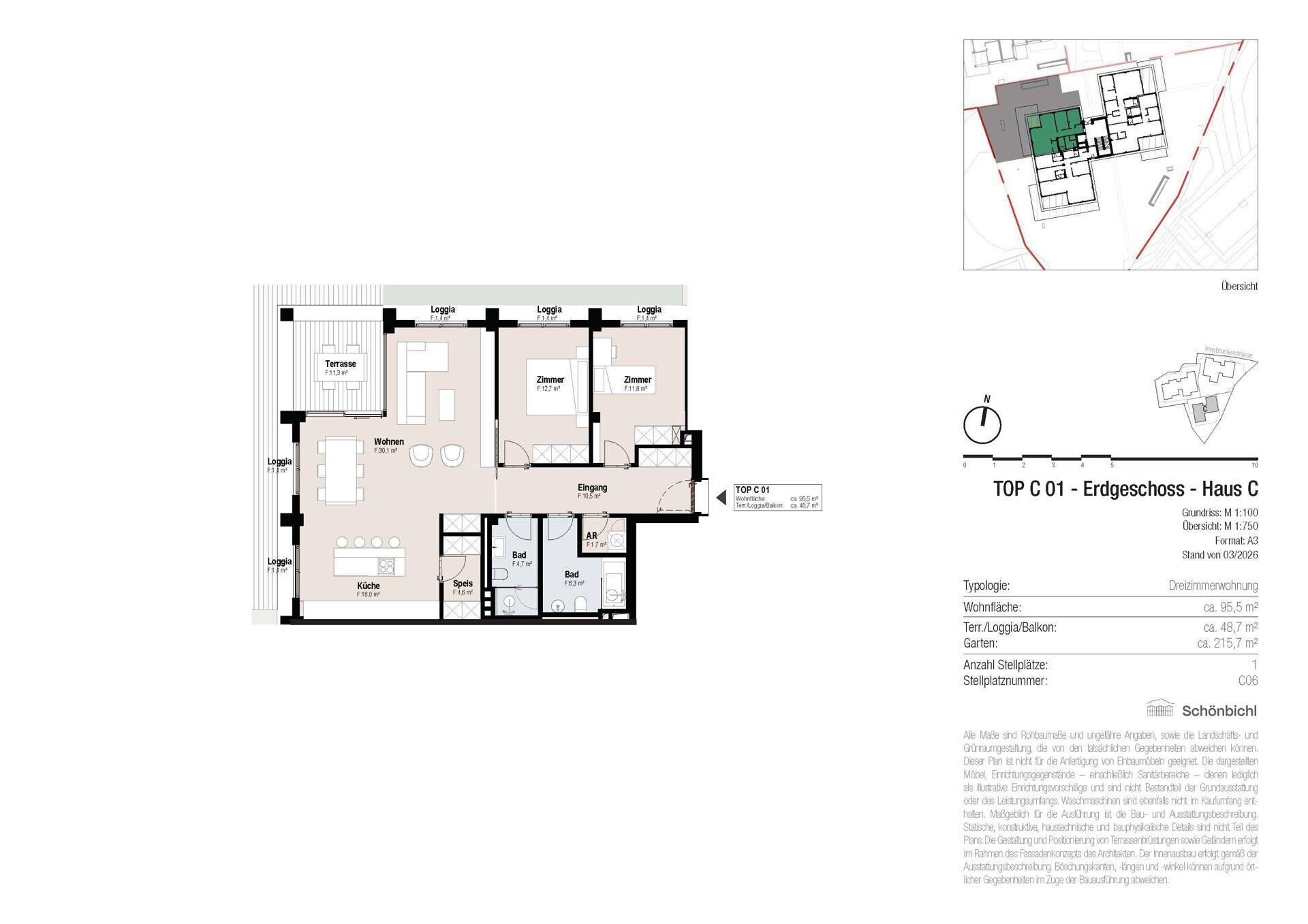 Grundriss des Erdgeschosses TOP C.01 mit Wohnzimmer, Küche, zwei Schlafzimmern und Loggien.