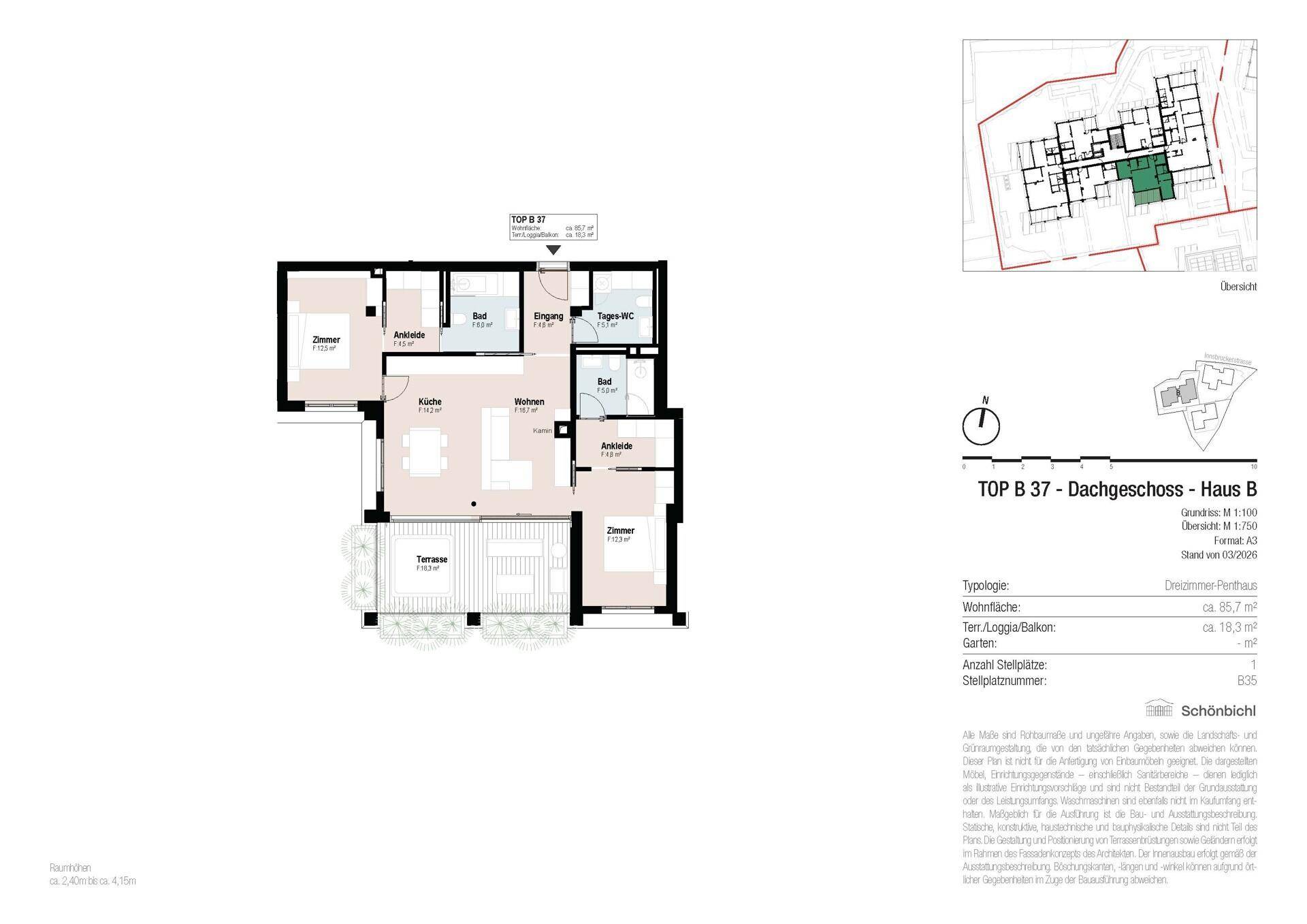 Grundriss des Dachgeschosses TOP B 37 mit Terrasse und offenem Wohnbereich.