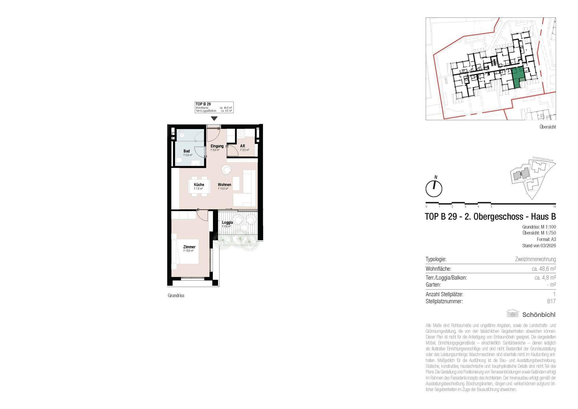Grundriss einer Zweizimmerwohnung mit offener Raumaufteilung und Loggia.