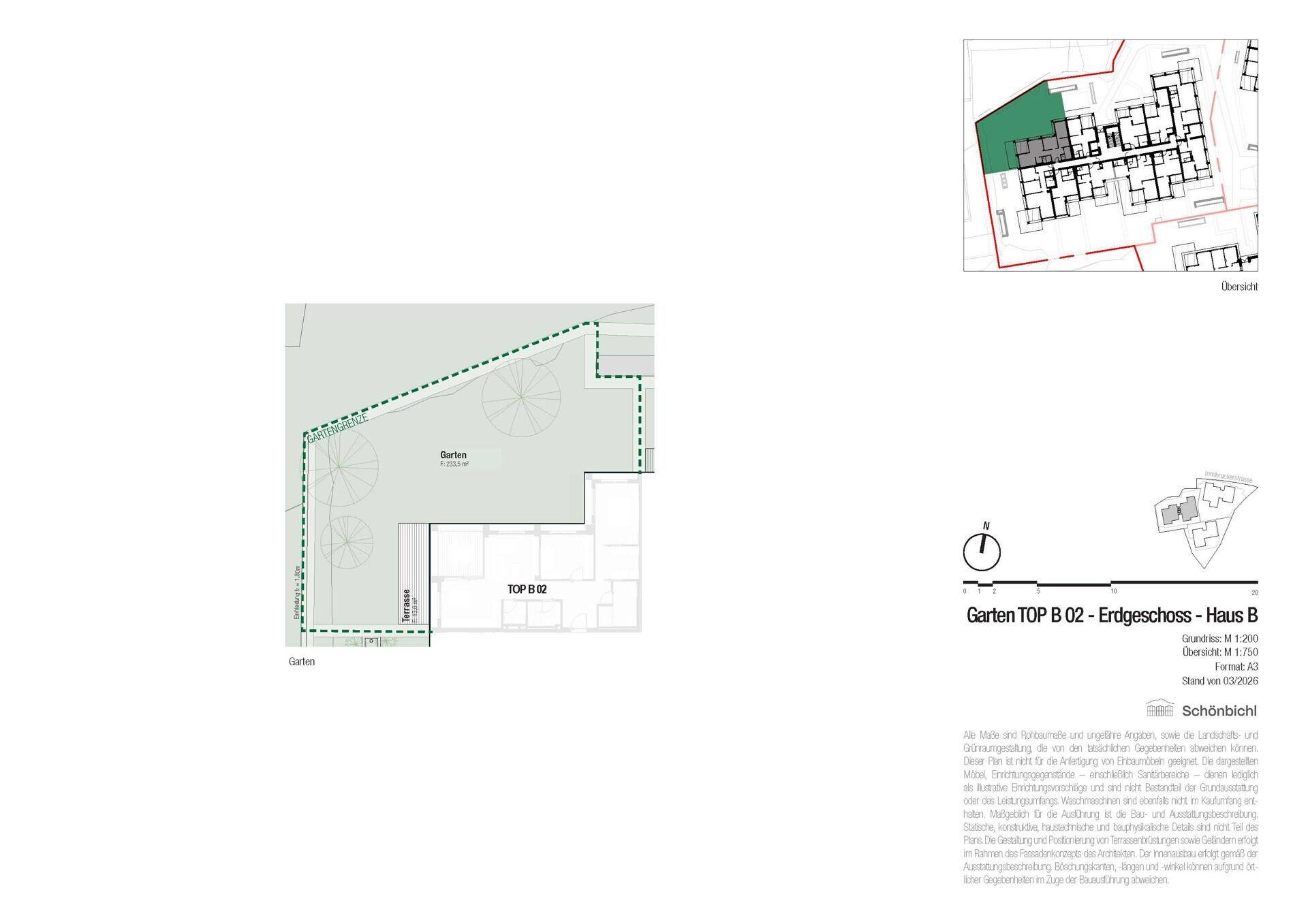 Übersichtsplan des Gartens für die Erdgeschosswohnung TOP B.02 mit Grünflächen.