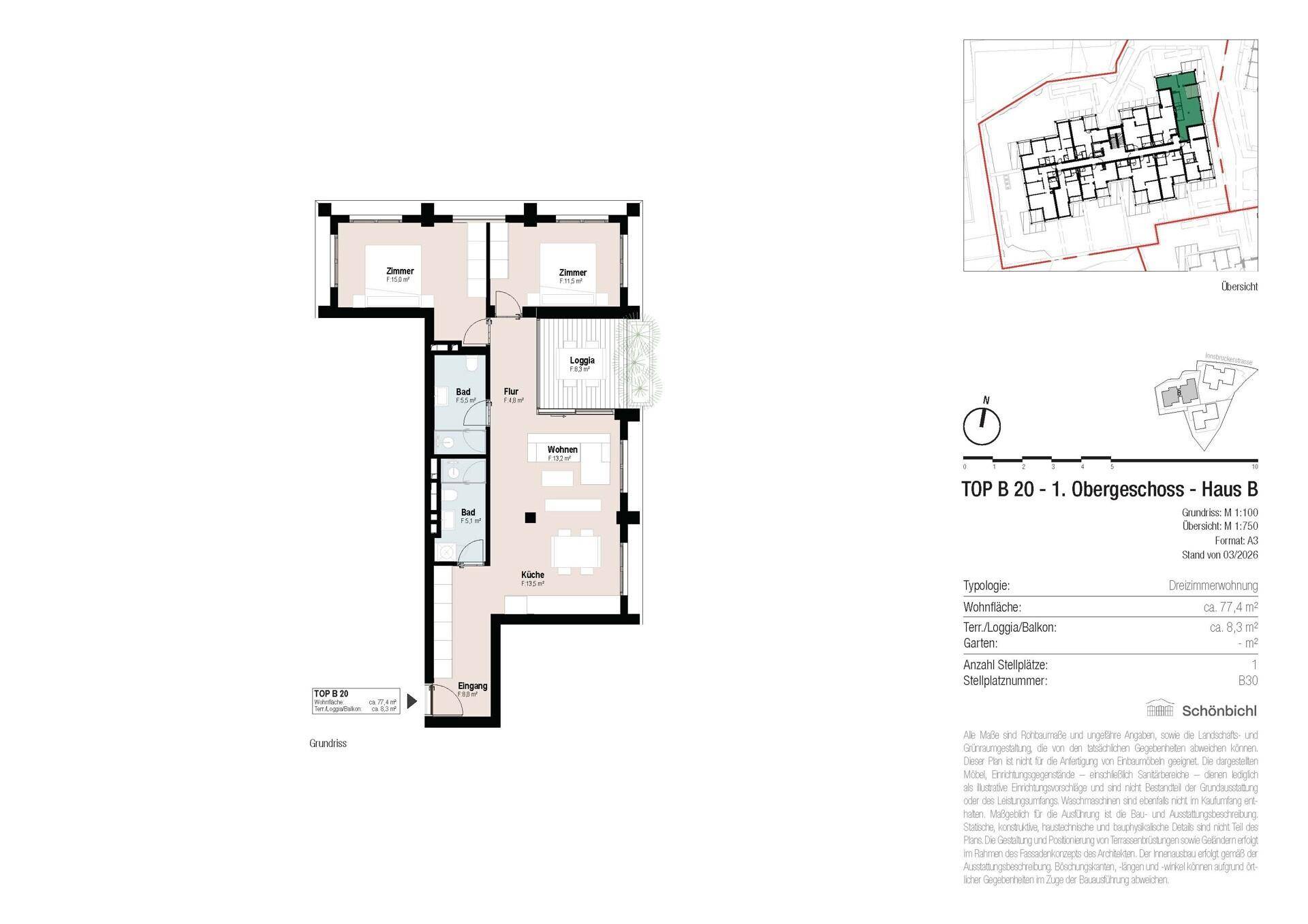 Grundriss der Wohnung B 20 im ersten Obergeschoss mit Loggia und zwei Schlafzimmern.