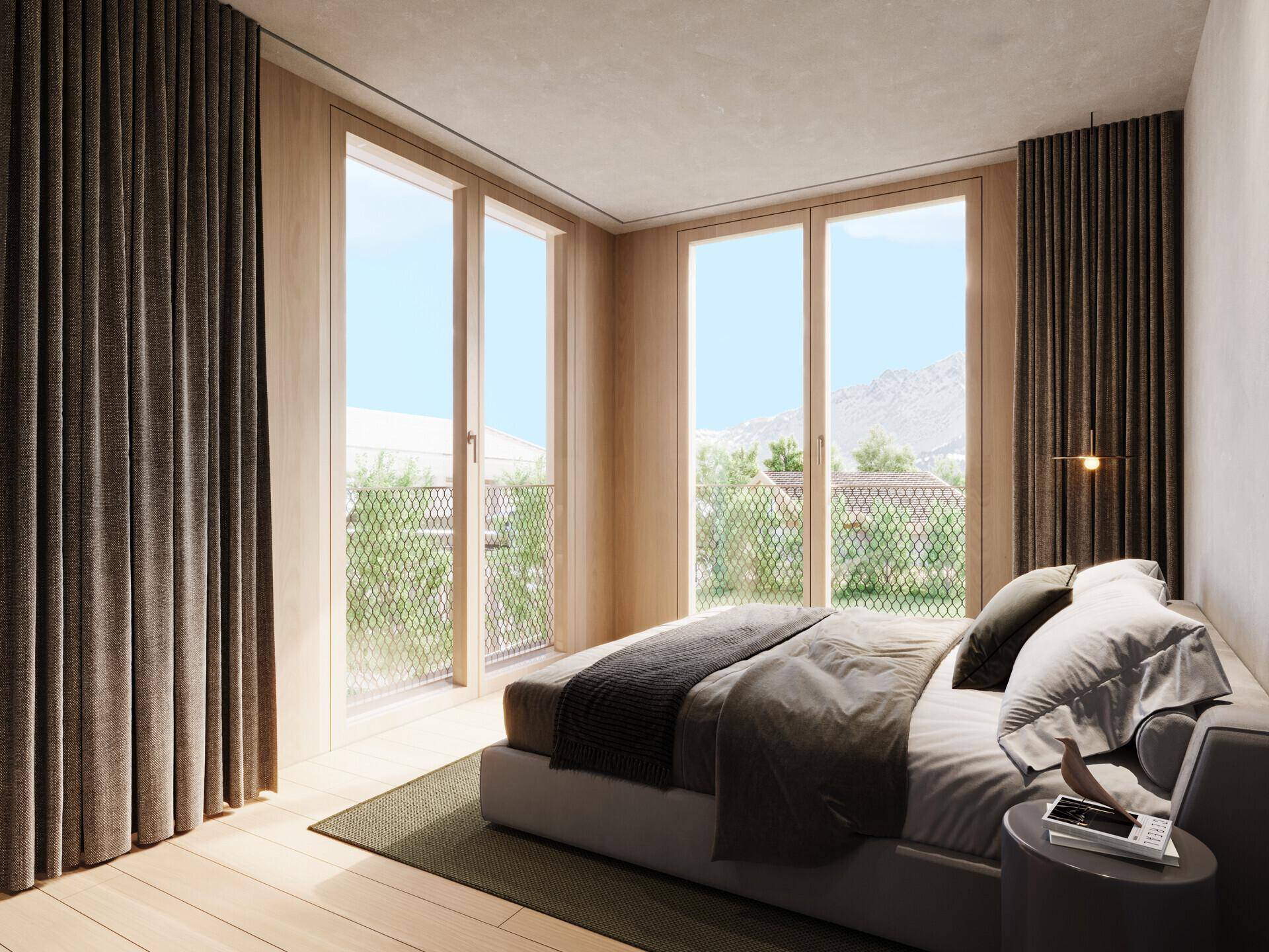 Modernes Schlafzimmer mit großen Fenstern, Holzelementen und Zugang zu einem französischen Balkon.