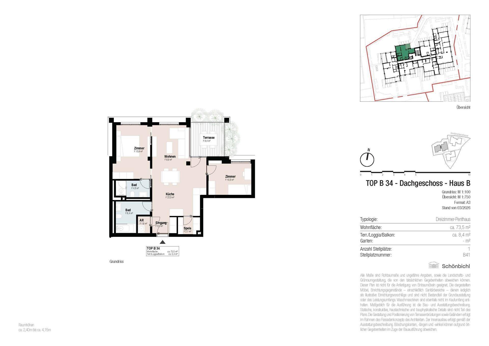 Grundriss des Dachgeschosses TOP B 34 mit Terrasse und offenem Wohnbereich.